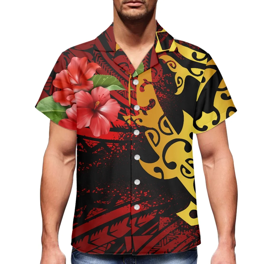 

HYCOOL Polynesian Theme Party Red Short Sleeve Shirt Men Button Up Hibiscus Print Tribal Shirt Custom 5xl Plus Size Men Clothing