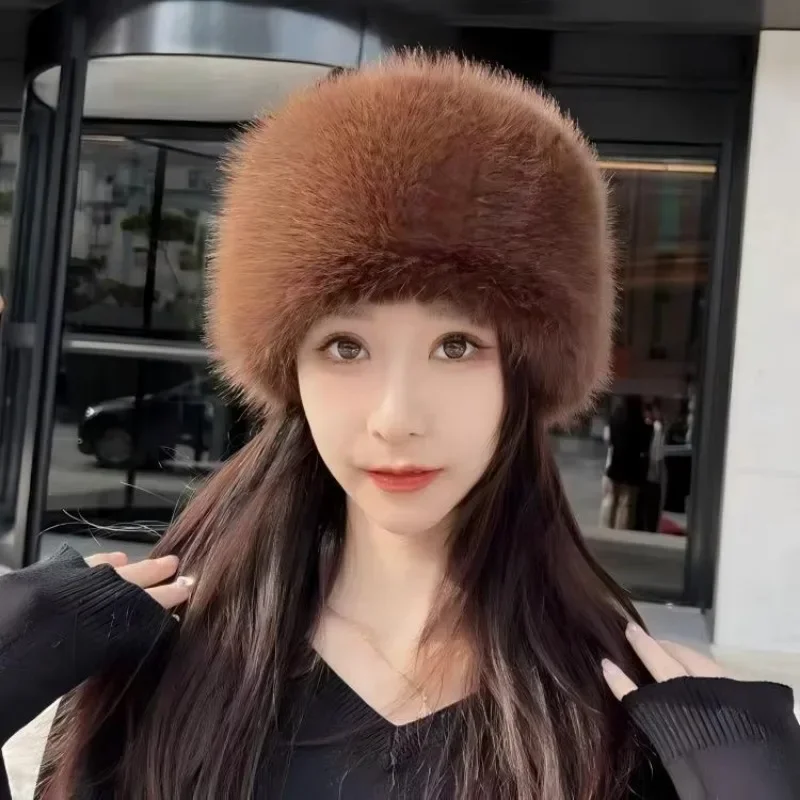 1pc Winter Warm Imitation Fur Plush Hats Ear Protection Thick Women's Fashion Bucket Hat For Skiing Faux Fox Fur Mongolian Hat