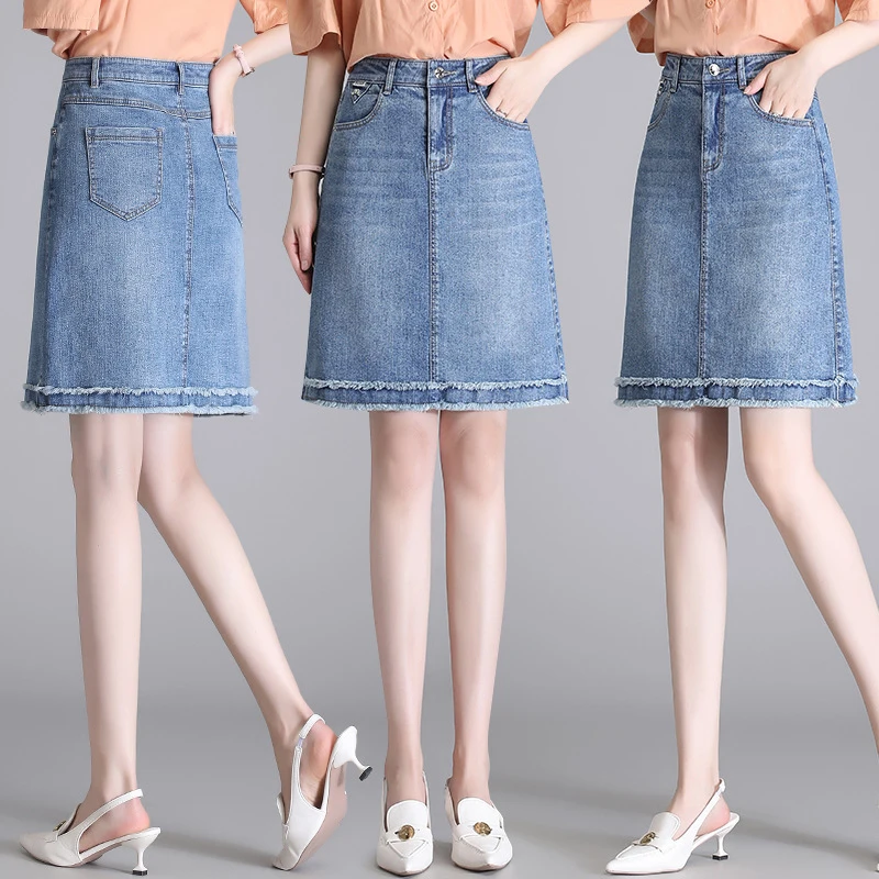 

Women's mid-length denim skirt for summer2023New High WaistaRuffled hem petite pencil skirt, summer thin style
