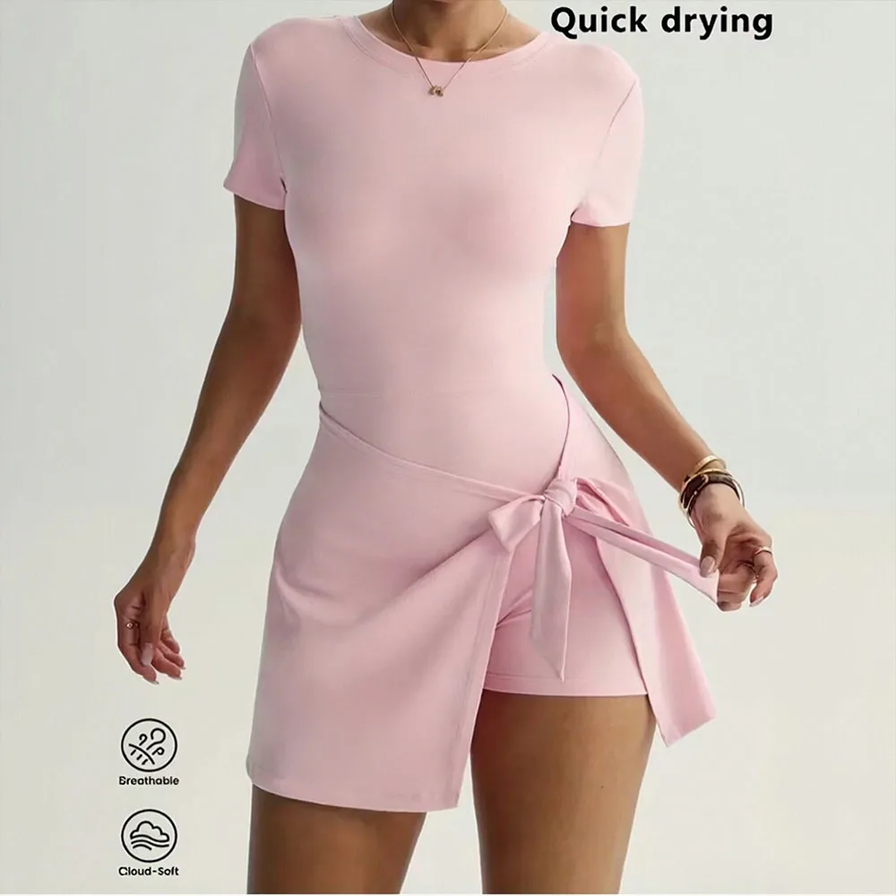 

Women's sexy open-back short-sleeved bodysuit with a fitted back, bow-detailed sporty skirt, and anti-squat design.