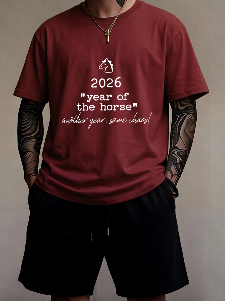 

2026 Year Of The Horse Print Male Casual Classic Short 2 Piece Set Cotton Simple All-Match Sportswear Jogging Summer Sportpants