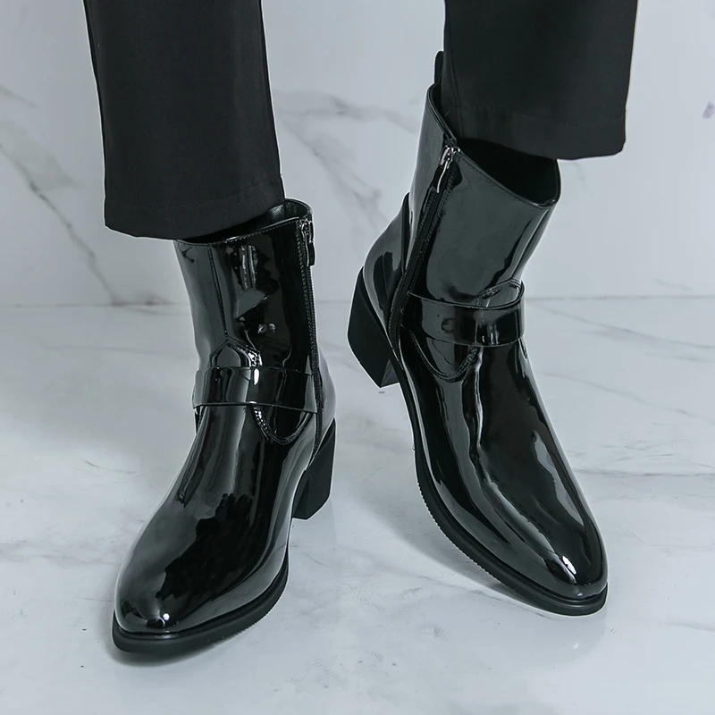 Męskie buty za kostkę z PU, szpiczasty nosek, modne, wygodne, na wysokim obcasie.