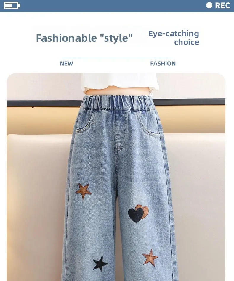 Frühling Herbst Neue Mädchen-Jeans mit Stickerei, Fünfzackiger Stern, Weite Hosen für 3-12 Jahre alte Teenager-Mädchen, Stylische Denim-Hosen mit weitem Bein – Detail 3