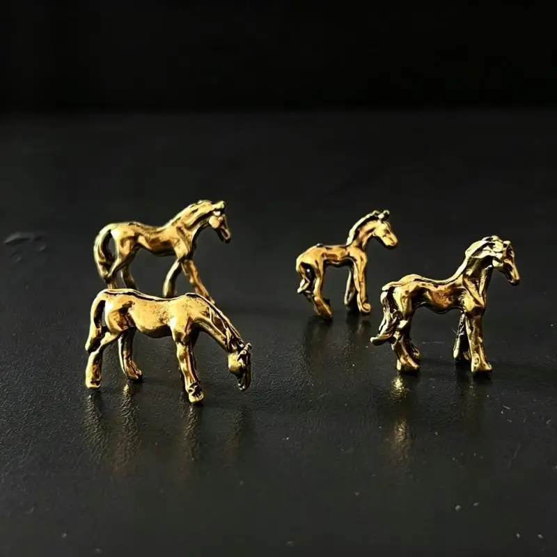 1/4Pcs Miniature Antique Long Tail Horse Figurines Feng Shui Ornament Copper Alloy Zodiac Animal Mini Desktop Crafts Home Decor