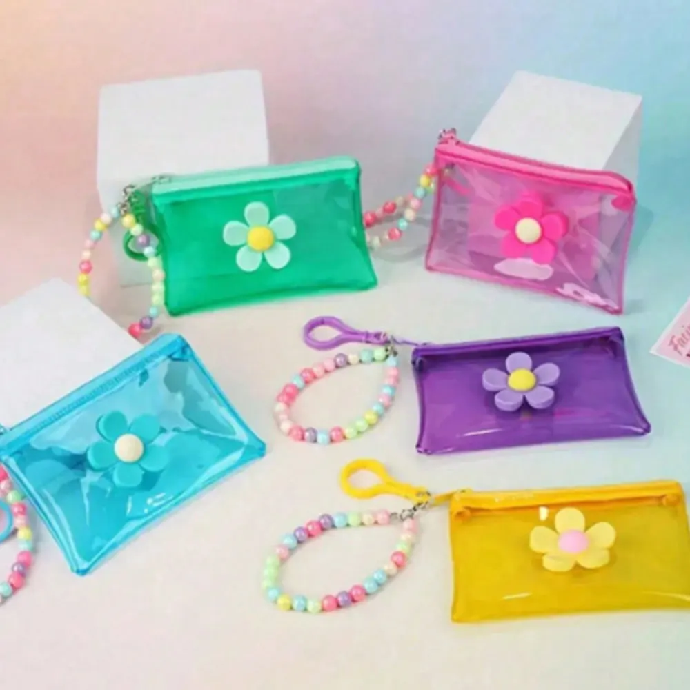 

1pc Fashionable Transparent PVC Coin Purse With Floral Beaded Chain - Girl's Portable Key And Travel Wallet (Bead Color Random)