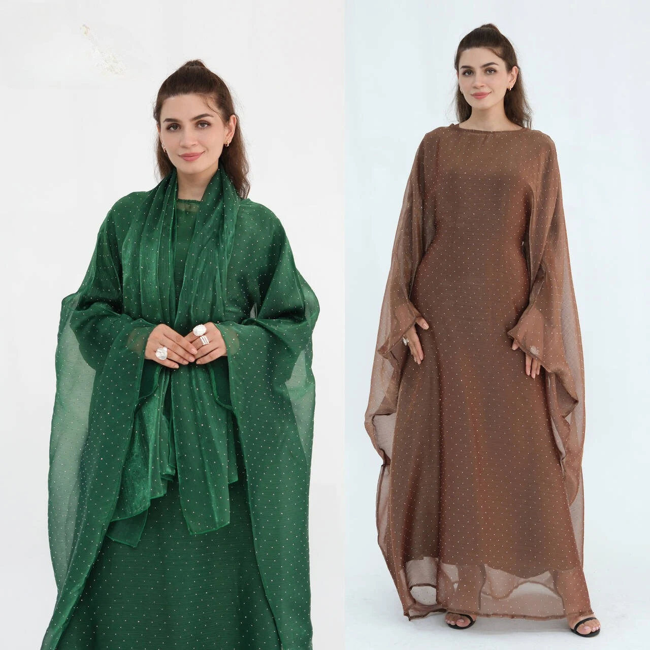 Großhandel Dubai Abaya Custom Party Luxus Glänzendes Kleid Eid Elegantes muslimisches Frauenkleid Organza Cape Abaya 3-teilig mit Schal-Set