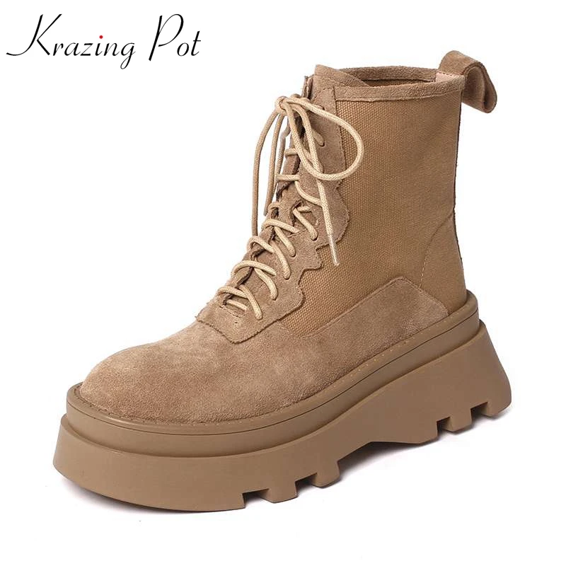 

Krazing Pot Cow Suede Round Toe Flat Platform Boots Thick High Heels Street Wear Keep Warm Lace Up Modern Fashion Ankle Boots