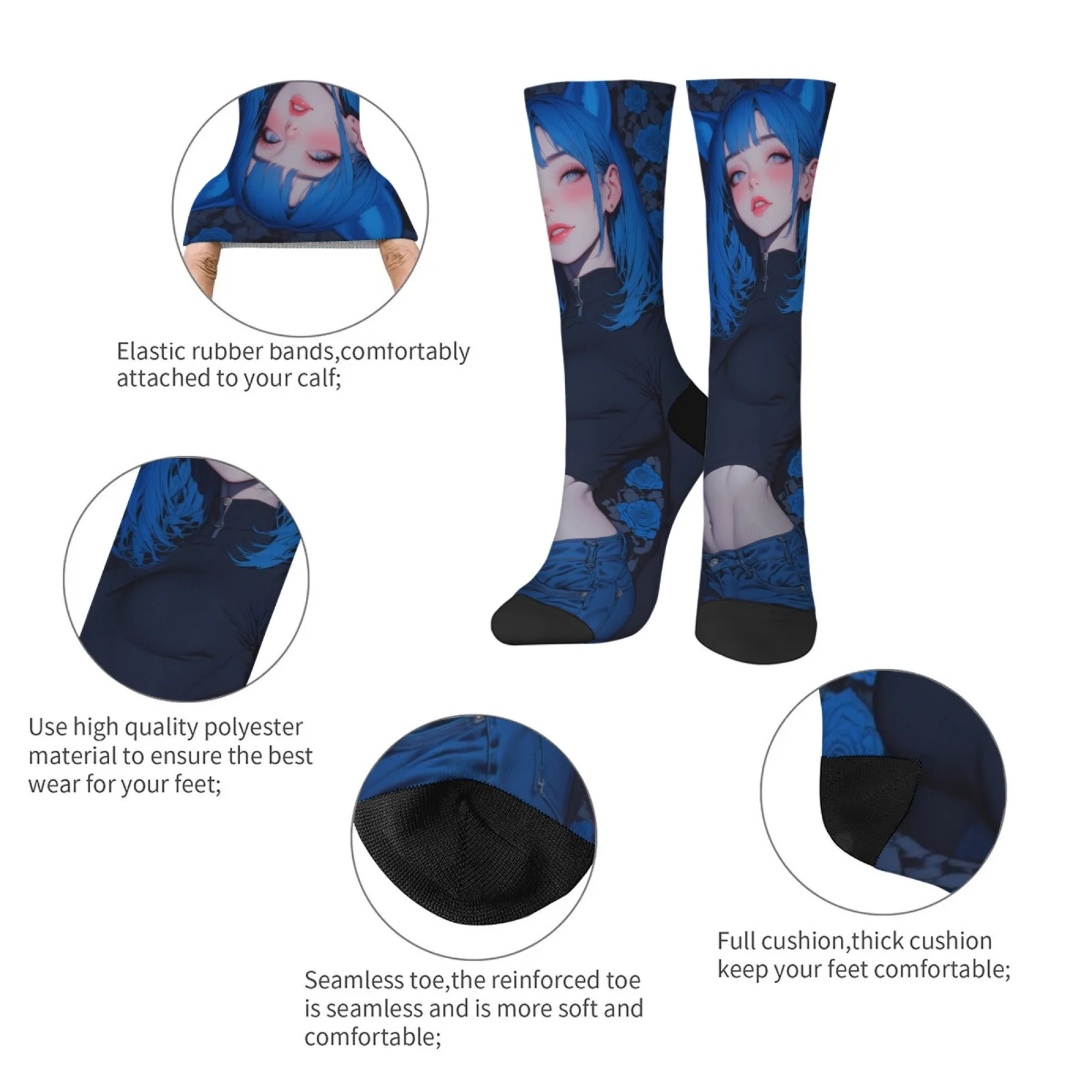 Blue Rose Anime Girl Harajuku Stijl Grappige Sokken Nieuwigheid Hip-Hop Trend Happy Socks Unisex Zachte Comfortabele Ademende Sokken Cadeau