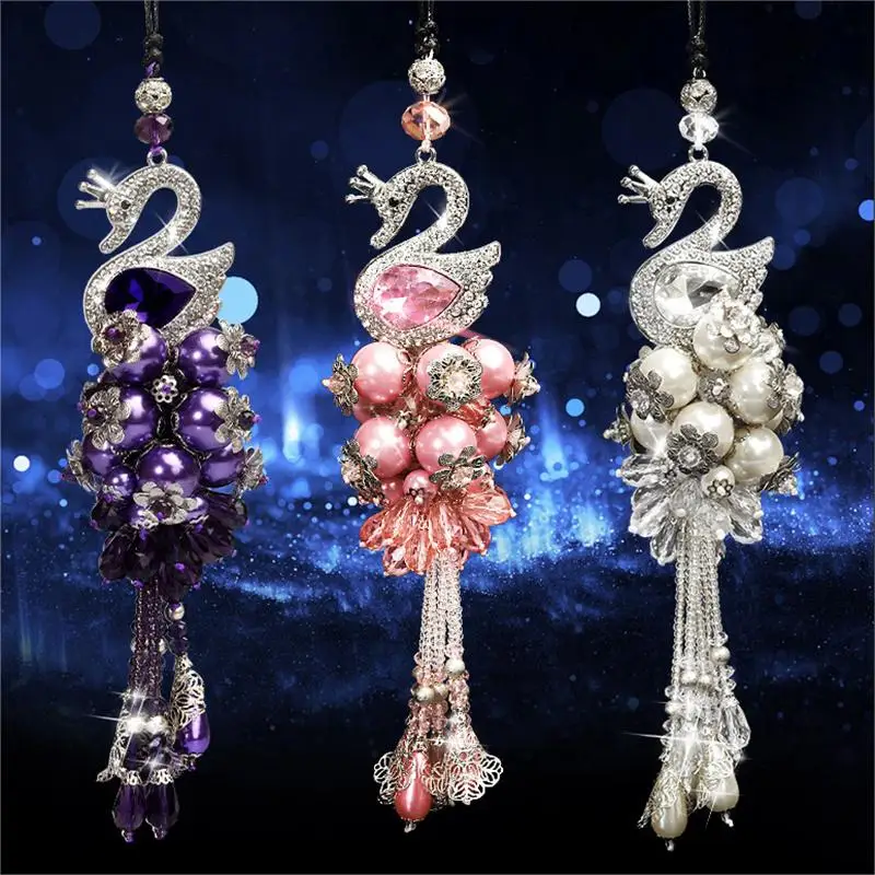 Crystal Double-sided Swan Pendant Rhinestone Swan Pearl Pendant Artificial Diamond Car Rearview Mirror Double-sided Swan Pendant