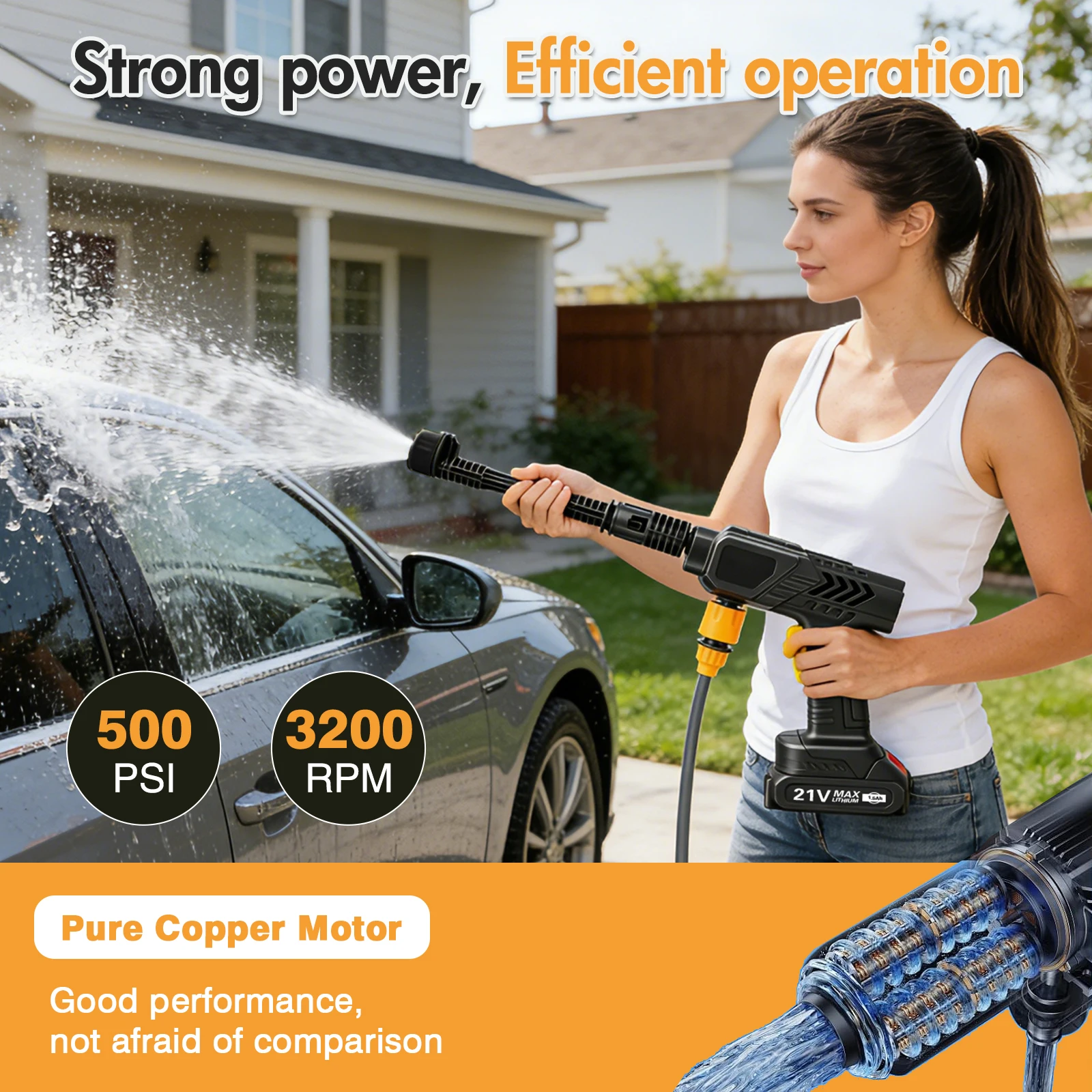 Cordless Pressure Washer Gun Electric 6 IN 1 Nozzle Portable 21V 500PSI 3200rpm High-Power With Battery 10M (32.8FT) Hose