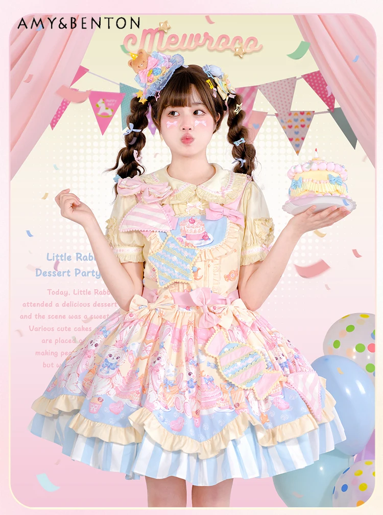 Vestidos de Lolita con estampado de dibujos animados para mujer, vestido de baile de niña dulce diario lindo, Mini vestido delgado de retazos con lazo Kawaii para fiesta de graduación