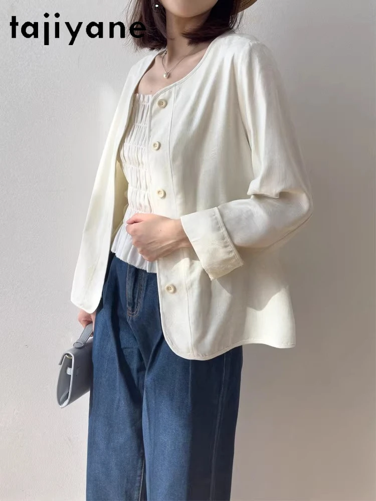 TAJIYANE 100% Mulberry Silk Blazers for Woman Round-neck Blouse Spring Long Sleeve Tops Silk Cardigan Women Clothing 2026 топ