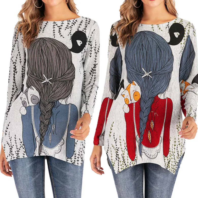 

Loose Knitted Long Sve round Ne Cartoon Print Casual T-irt Women's Street Sle Autumn Faion Single Piece Polyester