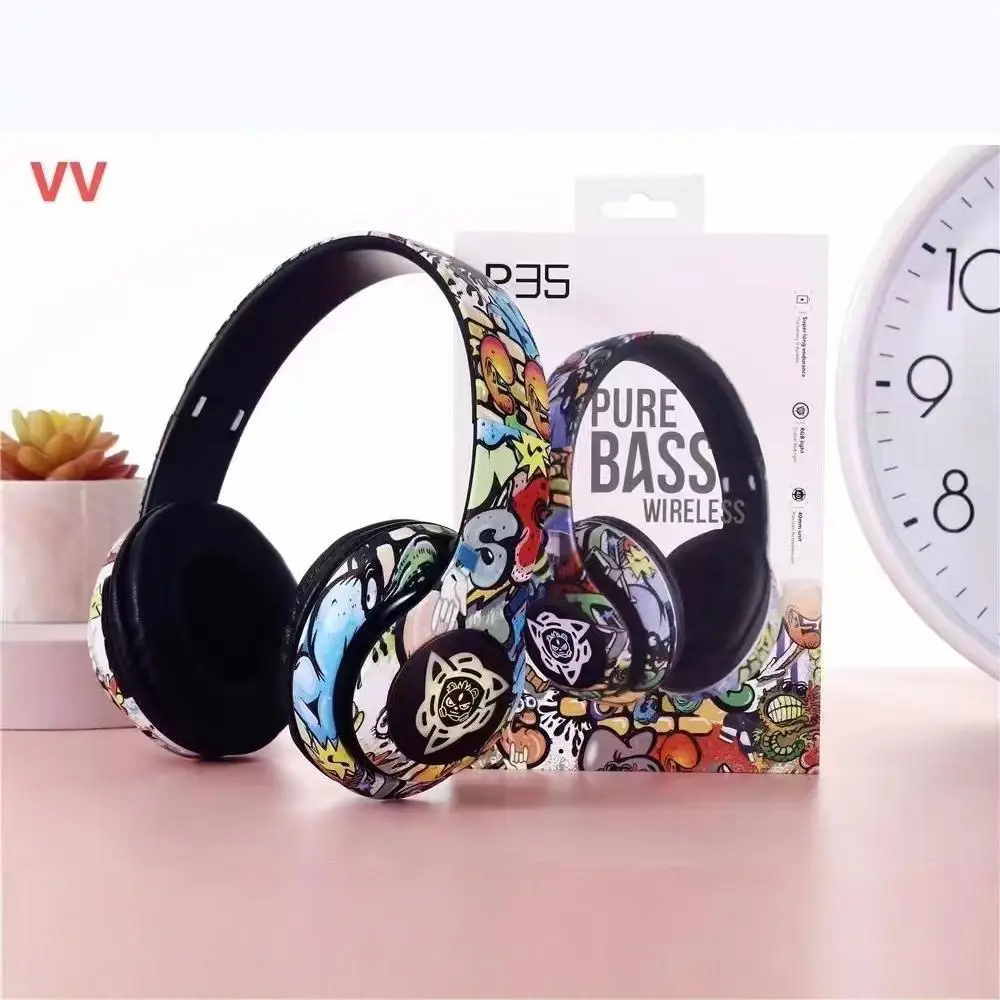 New p35 Bluetooth headset headworn wireless China-Chic graffiti super long standby life luminous FM card