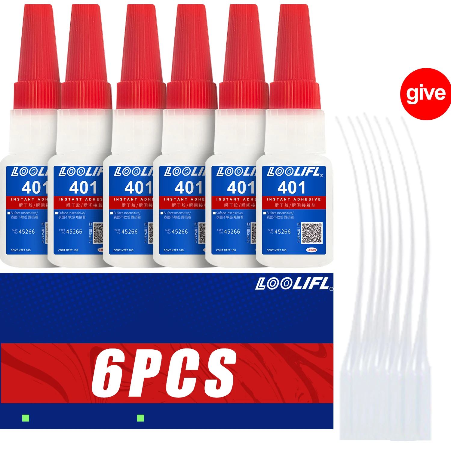 6PCS 401 Superlijm Instant sneldrogende Cyanoacrylaatlijm Leer Rubber Glas Hout Metaal Sterke hechting Vloeibare lijm Tool 10g