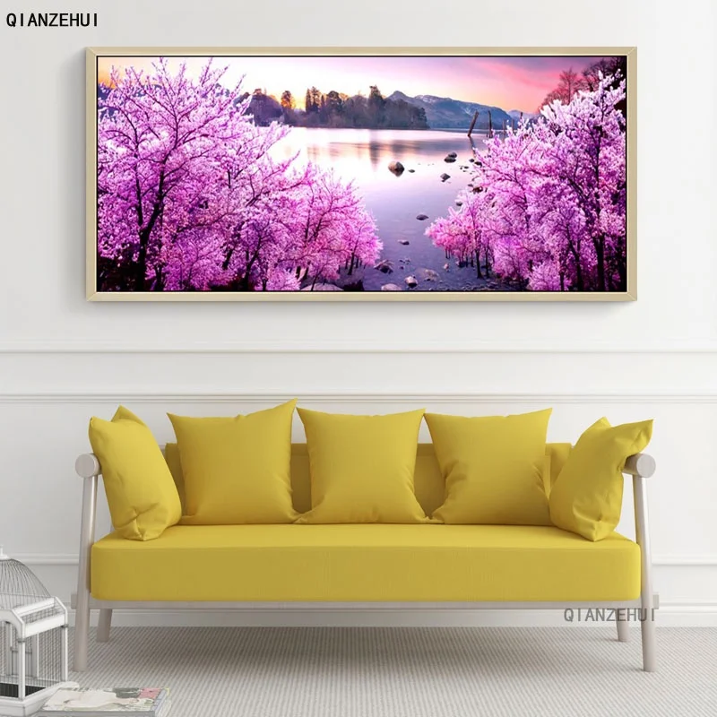 

DIY full Diamond Embroidery,Round Diamond 5D Romantic cherry tree lake Living room decoration rhinestone Diamond painting