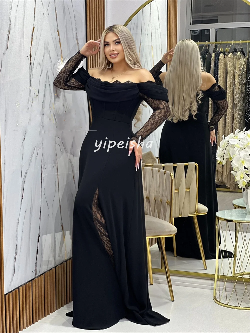 Customized Matching Sexy Jersey Pleat Draped Lace A-line Off-the-shoulder Long Dresses Bespoke Occasion Dresses Elegant Formal