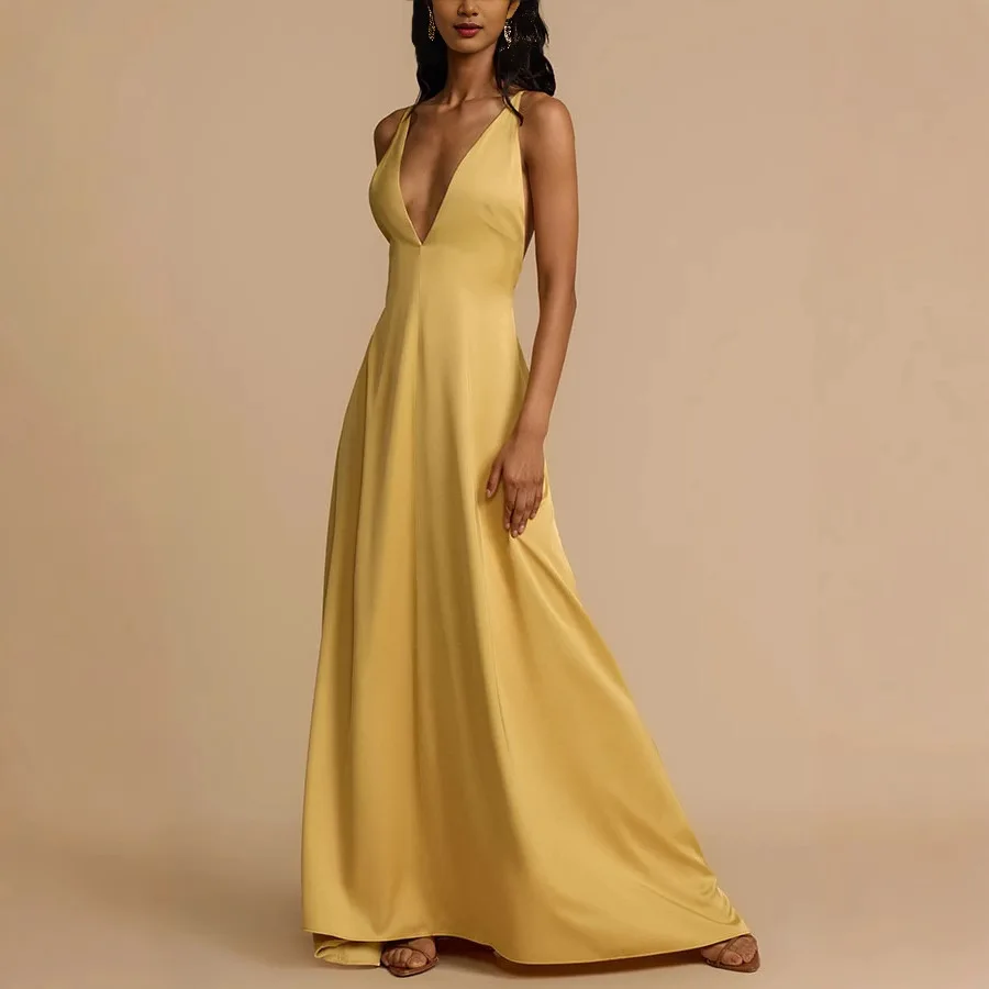 

New Summer European American Sexy Noble Fashionable Simple And Atmospheric Backless V-neck Satin Long Dress For Women