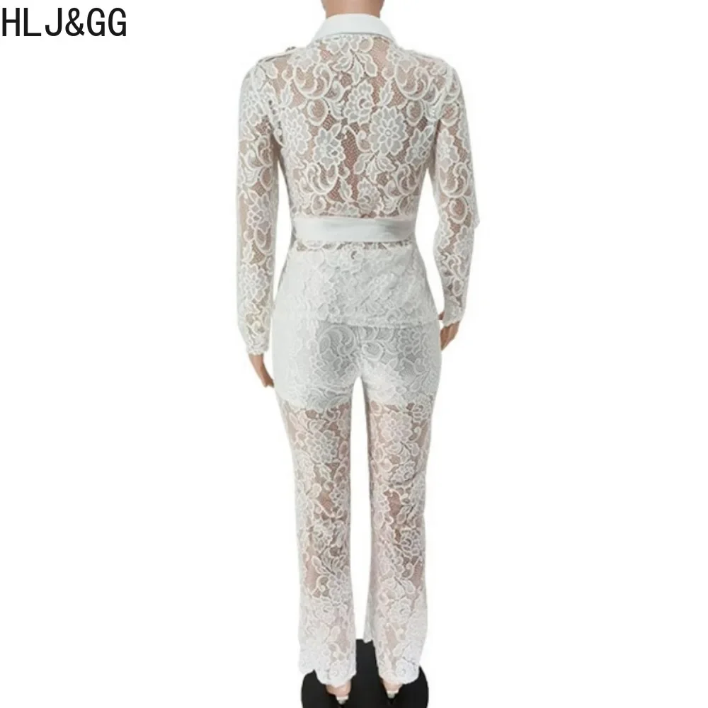 HLJ&GG Fashion Lace Perspective OL Two Piece Sets For Women Turndown Collar Button Long Sleeve Bandage Top And Pants Outfit 2024