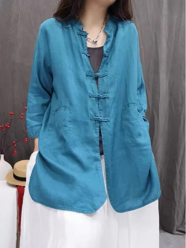 سترة نسائية كاجوال مفتوحة من القطن والكتان مقاس كبير irt لون نقي وياقة واقفة تسعة أزرار تفاصيل فضفاضة تناسب الخريف...