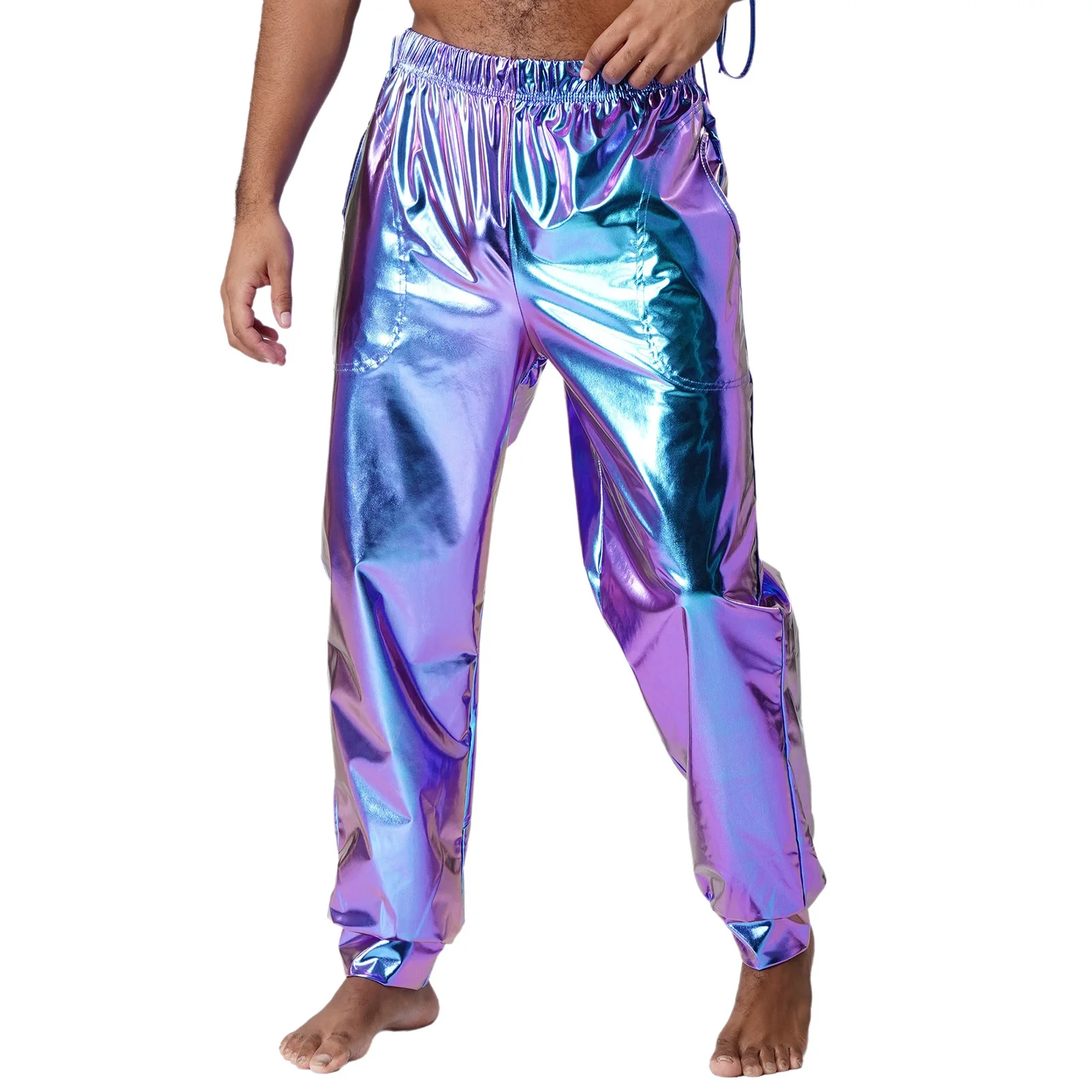 

Мужские модные блестящие брюки металлик с высокой талией и эластичной резинкой на талии, спортивные брюки Sheen, современные хип-хоп хиппи, брюки для диско-танцев, брюки