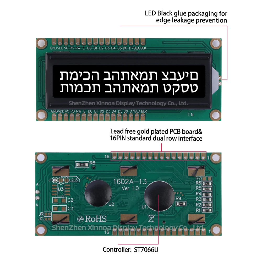 Dispositivo de exposição do LCD, filme preto, letras azuis, porto paralelo hebraico, BTN, 5V, 1602A, 13