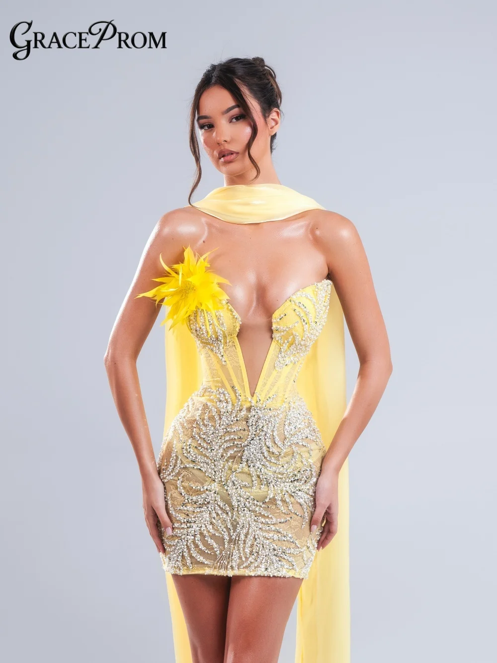 

Sunny Strapless Deep Mini Dress Silver Feather Shoulder Yellow Flower Cape Party Dress Evening Gown Wedding Guests فساتين سهرة