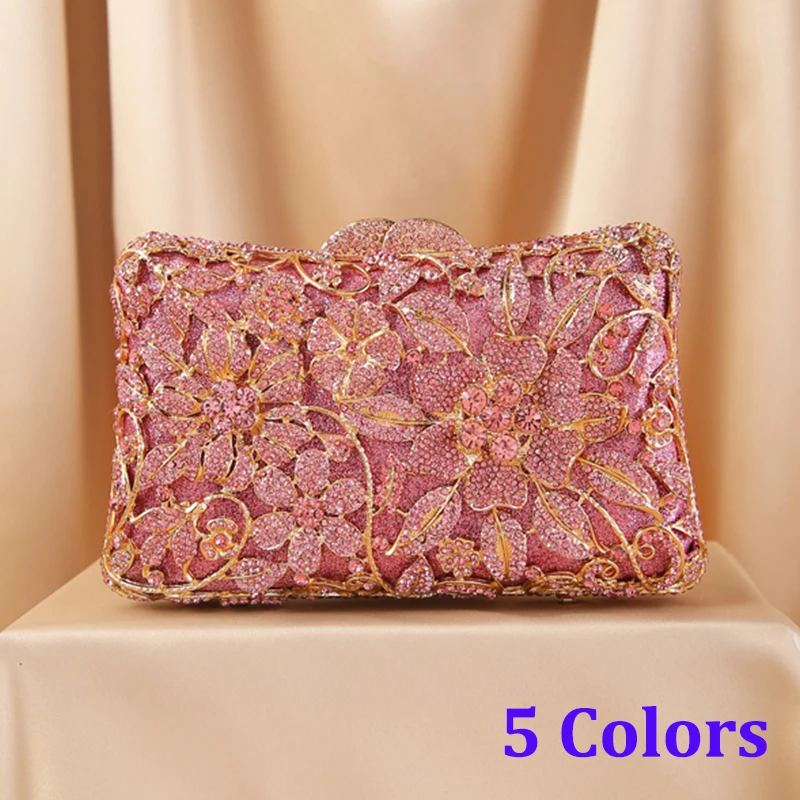 

Sparkling Pink 2 Flowers Women’s Crystal Bridesmaid Clutches Ladies Dinner Diamond Wedding Bag Girls Female Evening PhoneClutch