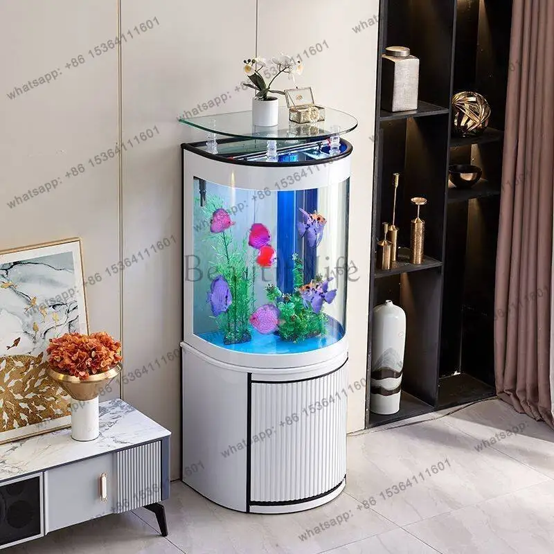 Living room household glass water-free ecological semi-circular bottom filter floor-to-ceiling aquarium against the wall