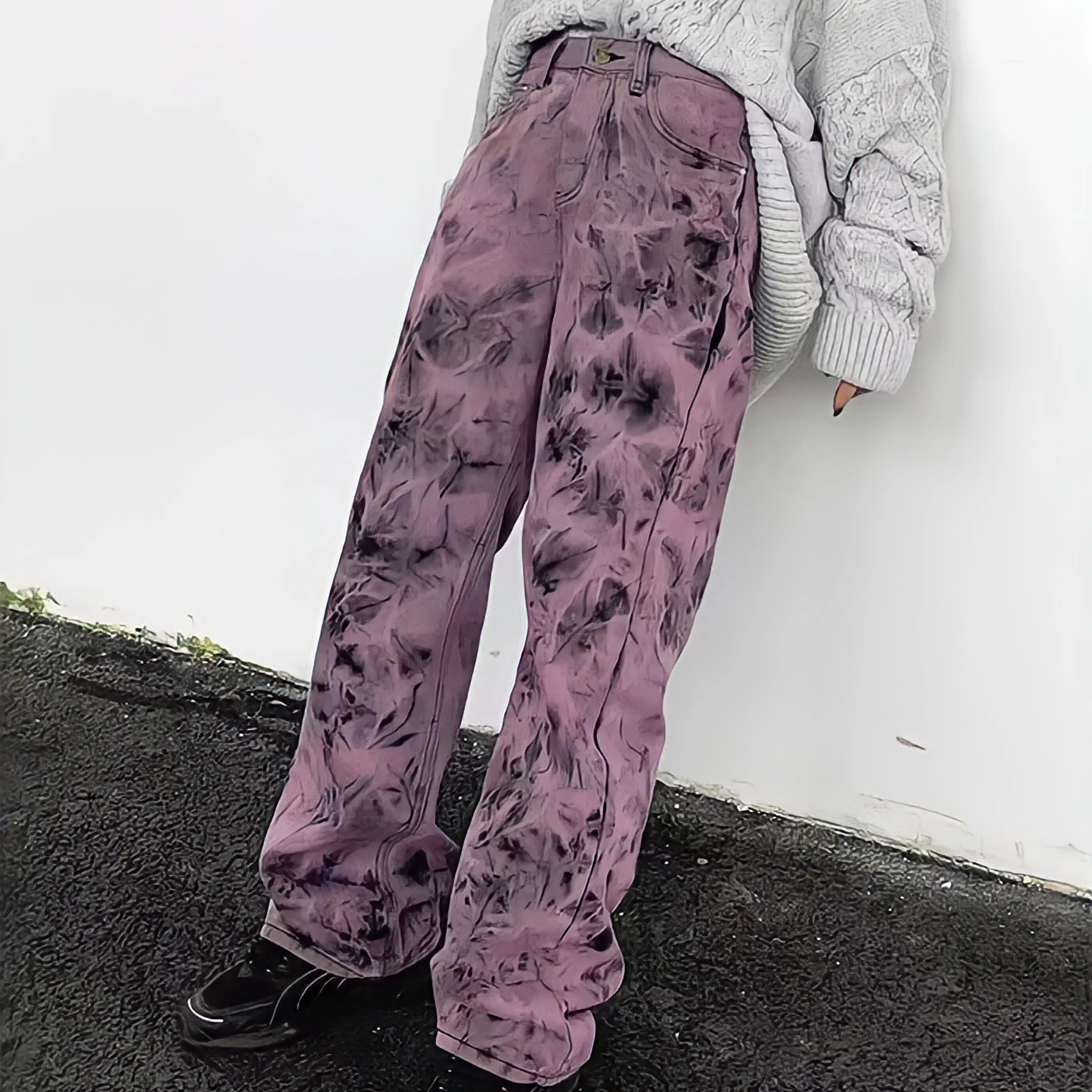 Oversized High Waisted Jeans Women Baggy Purple Pants Korean Fashion Vintage Streetwear Tie Dye Straight Wide Leg Denim Trousers