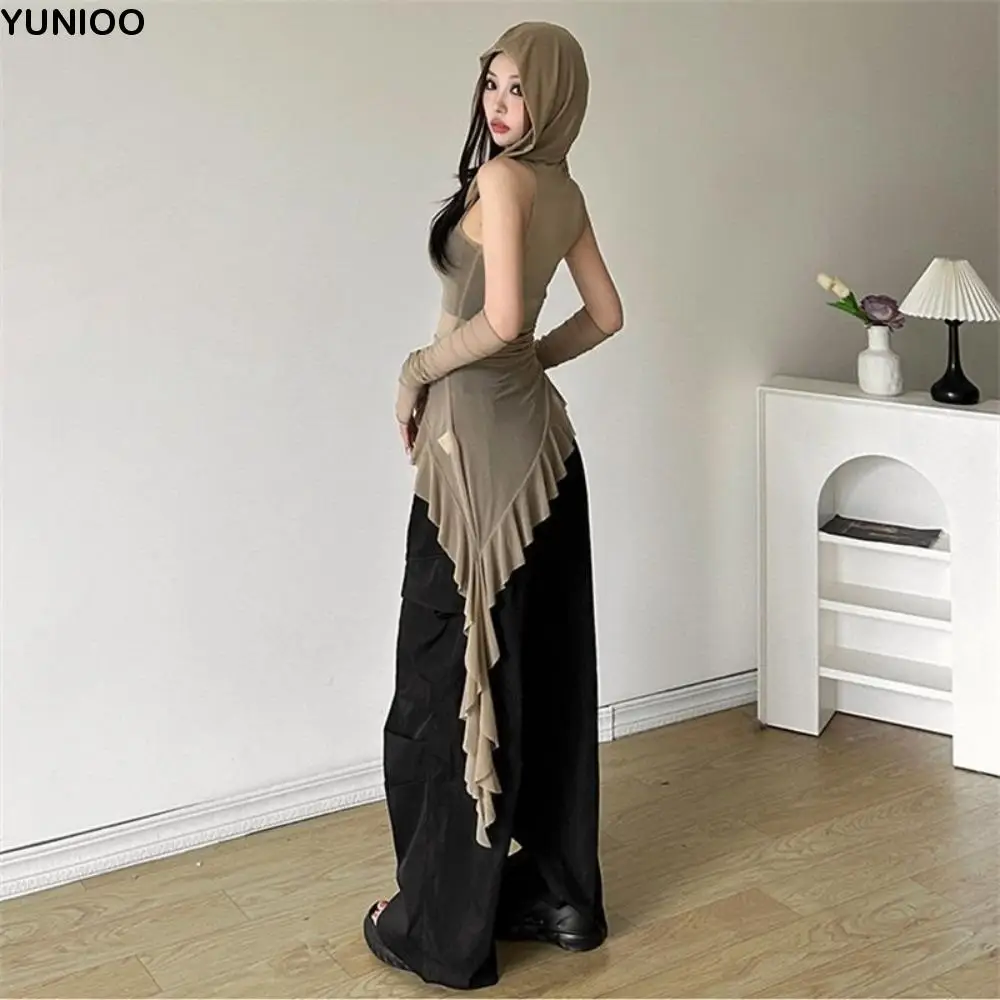 

Korean Y2K Ins Jellyfish Mesh Belt T-Shirt Mesh Shaped Waist Transparent Slim Fit Tops Pleated Irregular Ribbons Ruffle Hoodie