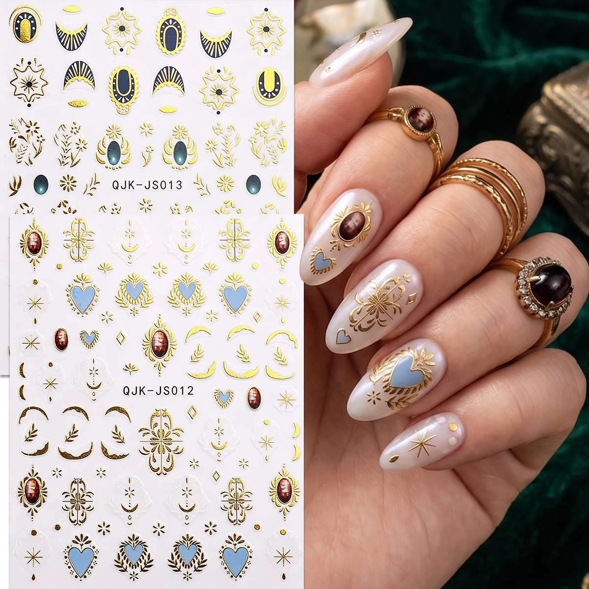 2Pcs Vintage Baroque Gem Nail Stickers - Luxury Gold Bronzing Sacred Heart Decals - Wedding Music Festival Nail Tech Supplies DI