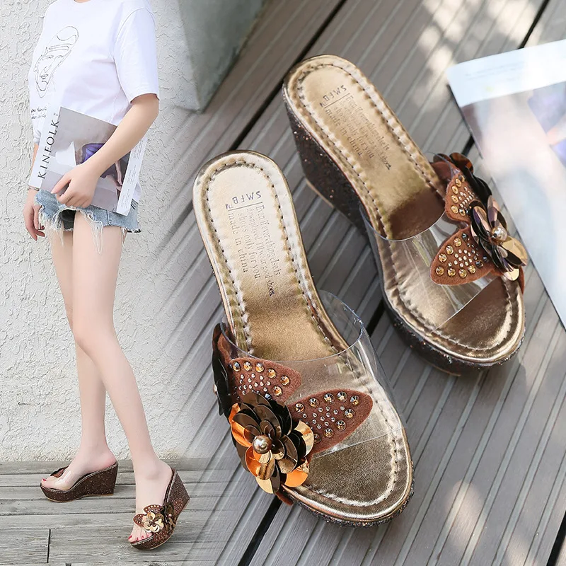 

2025 Summer New Slope Heel Cool Slippers Women's Water Diamond sequins Flower Transparent Sponge Cake Shoes height increase 8CM