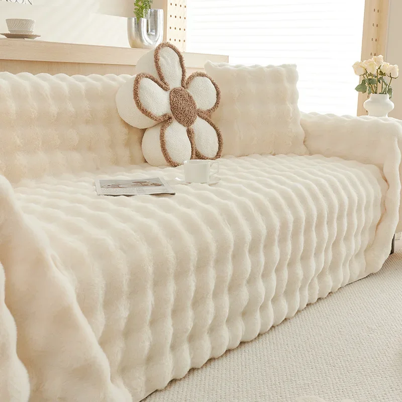 Winter Rabbit Plush Sofa Towel Cover Solid Thick Anti Slip Couch Cushion for Living Room Multi-Purpose Sofa Blanket for Office