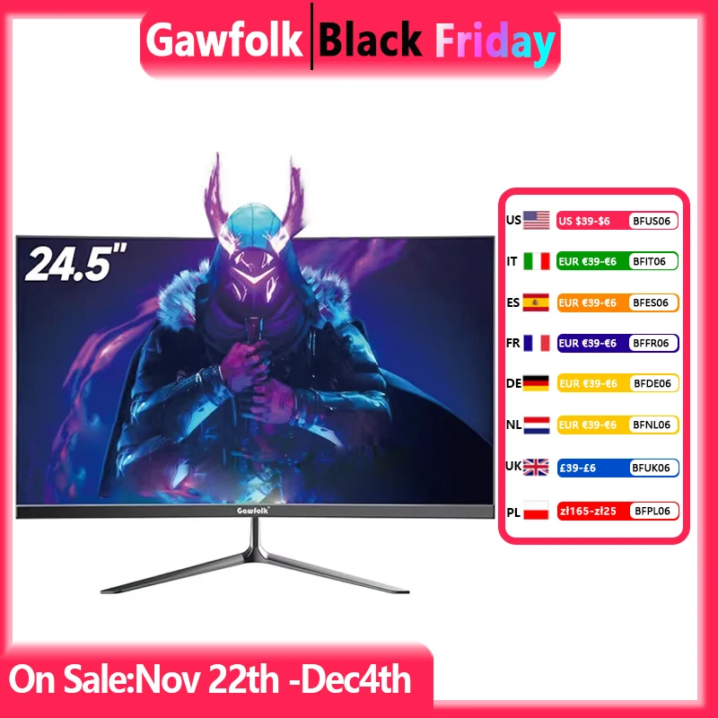 Gawfolk 24.5-inch 180Hz Gaming Monitor, PC Screen Full HD 1080P, FHD 1080p 1ms Bezel-less, 98% sRGB, 178° Wide Angle, HDTV, VGA