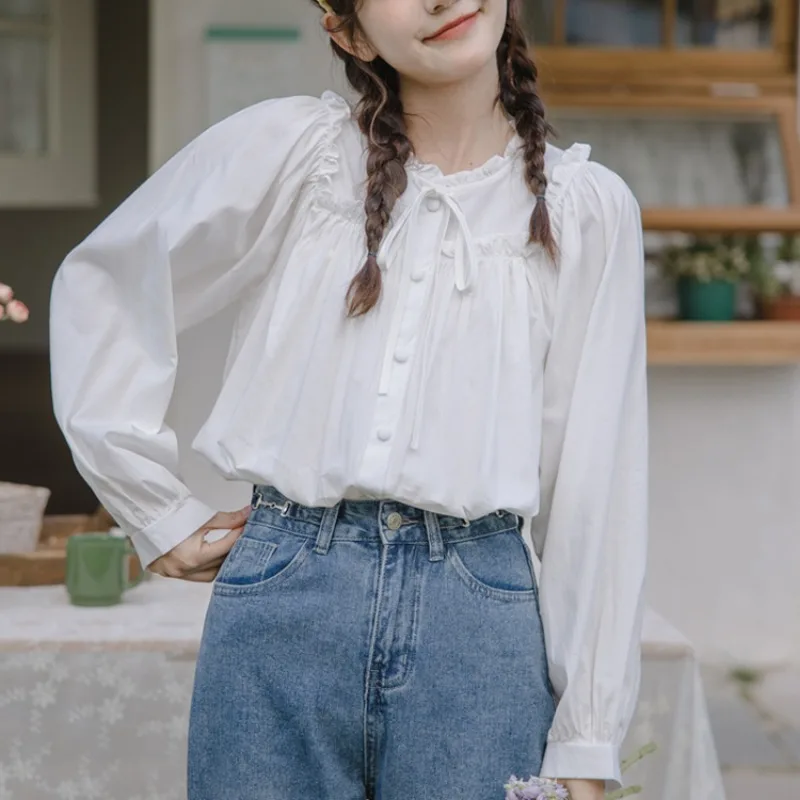 French Long Sleeve Shirts Women Vintage Ruffles Sweet Preppy Versatile Tops All-match Lace-up Baggy Clothes Youthful Kawaii Ins