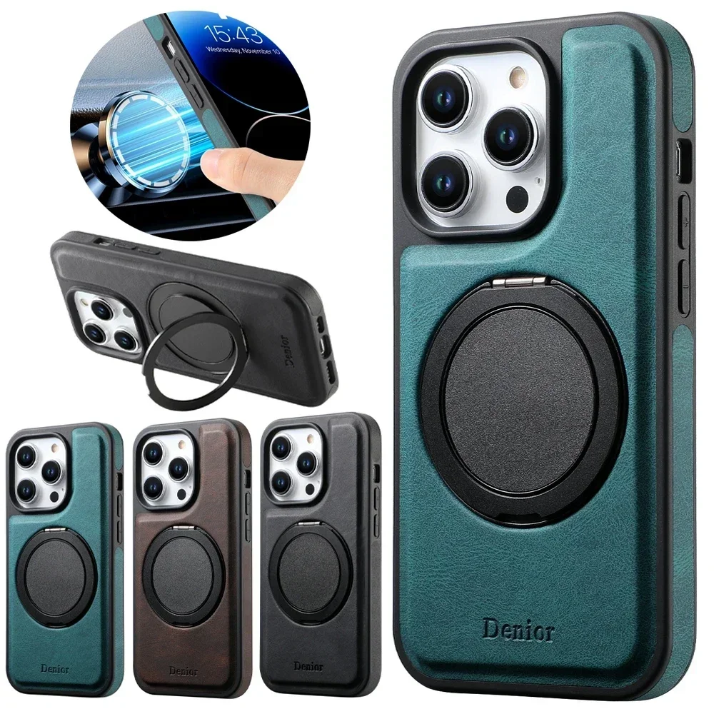 

Luxury Magsafe Leather Case Mobile Phone Cover for IPhone 16 15 14 13 12 Pro Max Plus Ring Bracket Magnetic Protective Shell
