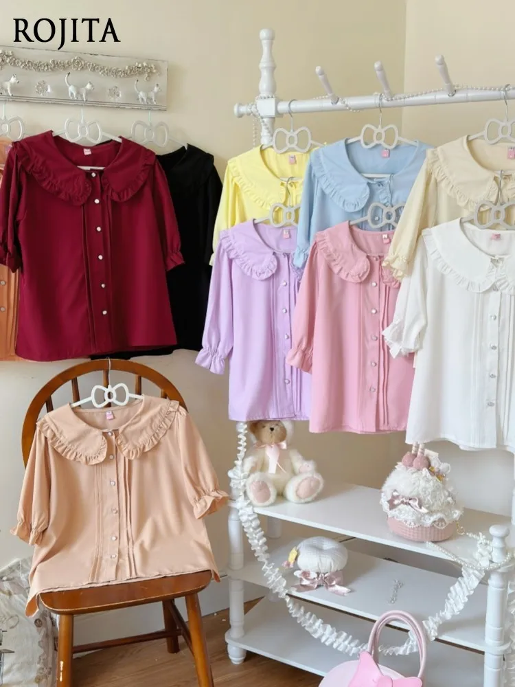 

2026 New Japanese Style Soft Girl Lolita Doll Collar Ruffled Versatile Shirt Top for Women Lolita Short Sleeve Shirt Tops