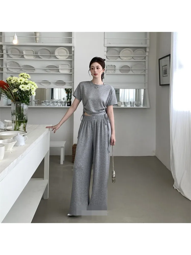 

Summer Korean Style Short T-Shirt Hollow out Waist Drawstring Wide Leg Casual Pants Fashionable Two-Piece Set for Women