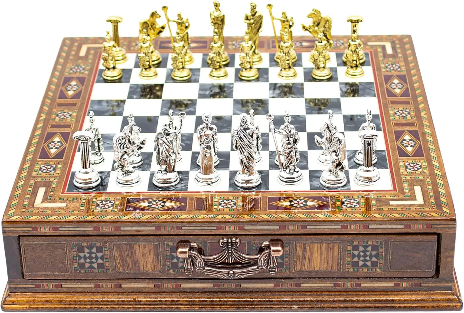 Handmade Chess Set With Storage, Marble Design Wooden Chess Set, Stylish Metal Chess Pieces/Black