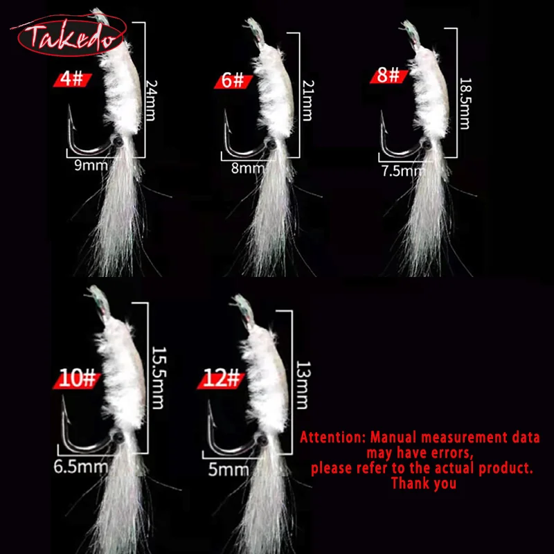 TAKEDO 6PCS/BOX 4# 6# 8# 10# 12# Fly Fishing Hook Bait Artificial Shrimp Shape Fishhook Lure for Pout Mandarin Fish