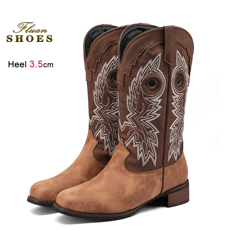 

Thick Heel Women Boots 3.5CM Spring Autumn Fashion Patchwork Embroidery Mid-calf Boots Unisex Western Cowboy Shoes Size 37-46