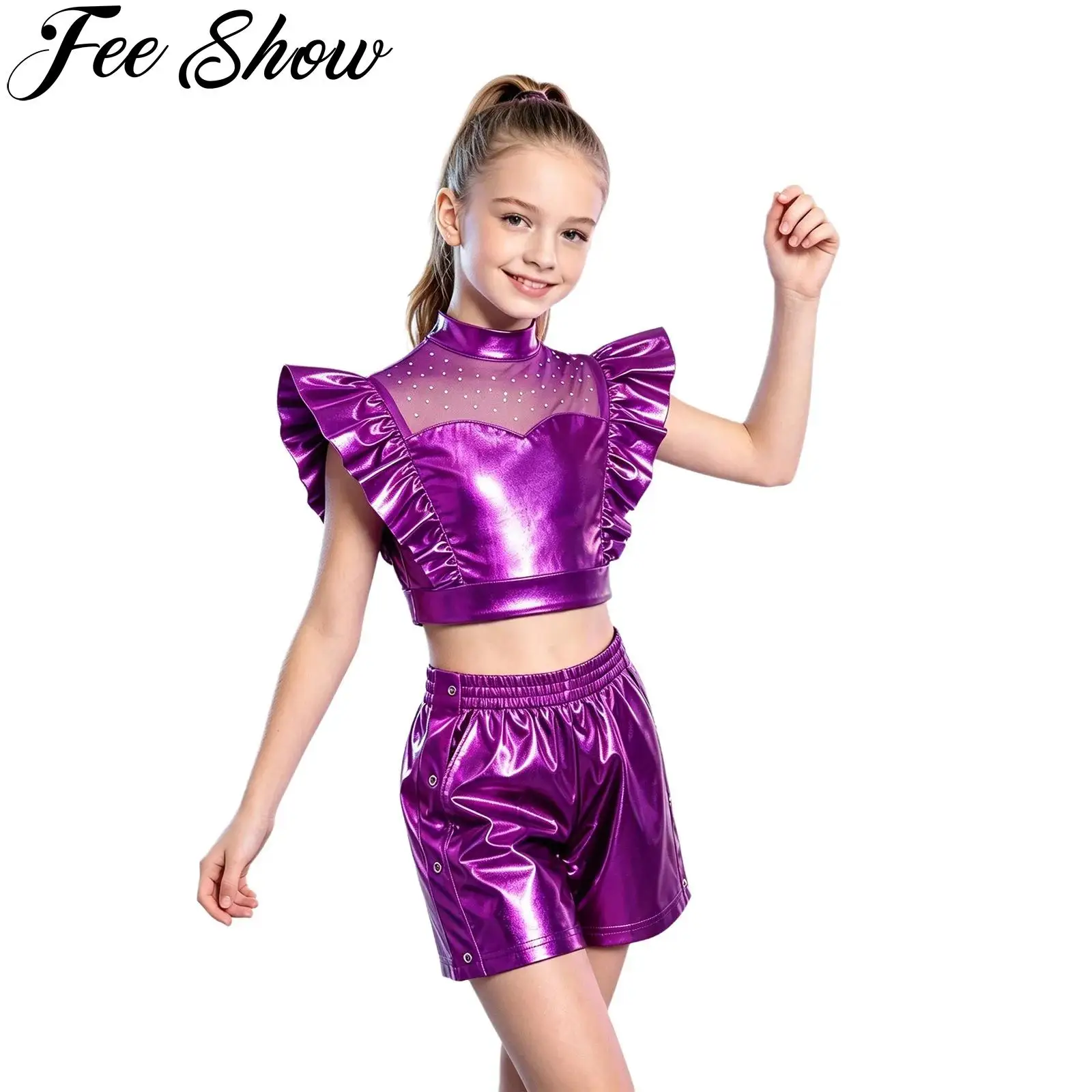 Kids Girls Hip Hop Jazz Street Dance Performance Outfit Sleeveless Mesh Rhinestone Metallic Crop Top with Shiny Shorts Dancewear