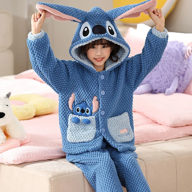 Autumn Winter Hooded Coral Fleece Pajama Sets For Kids Disney Stitch and Lilo Cardigan Pants 2pcs Flannel Warm Thickened Pajamas