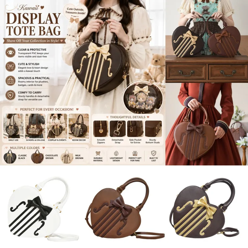 Women Handbag Lolita Sweet Heart Tote Bag Y2K Shaped Violin JK PU Leather Shoulder Bag Bowknot Crossbody, Purse Vintage Girl New