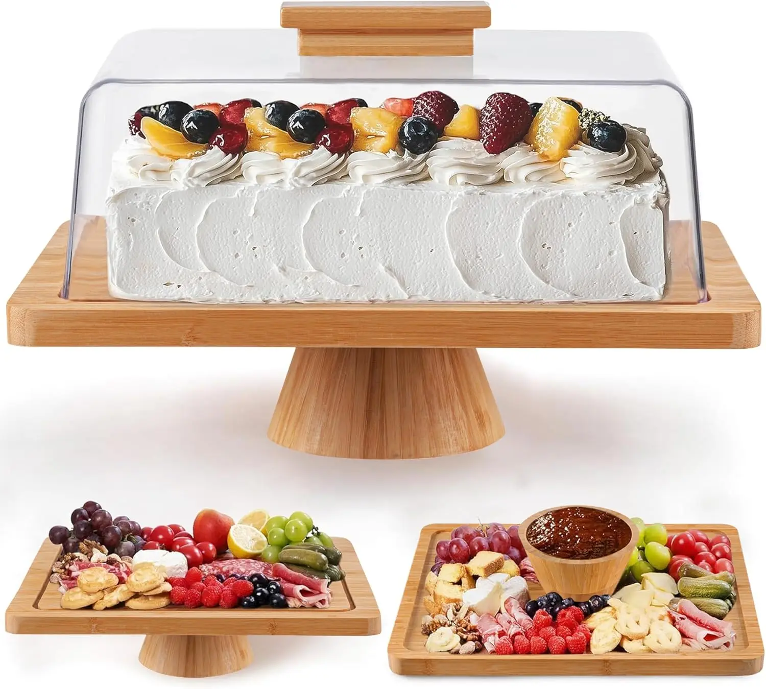

Multifunctional Cake Stand with Acrylic Dome and Bamboo Base for Baking Gifts, Parties, Weddings