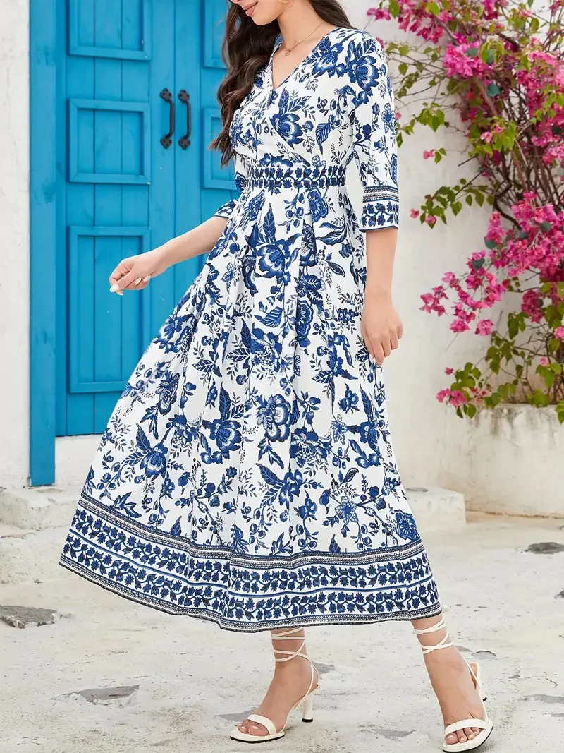 QX Shirt Dames 2025, V-hals, polyester, lange rok, Basic, elegante damesjurk in vakantiestijl