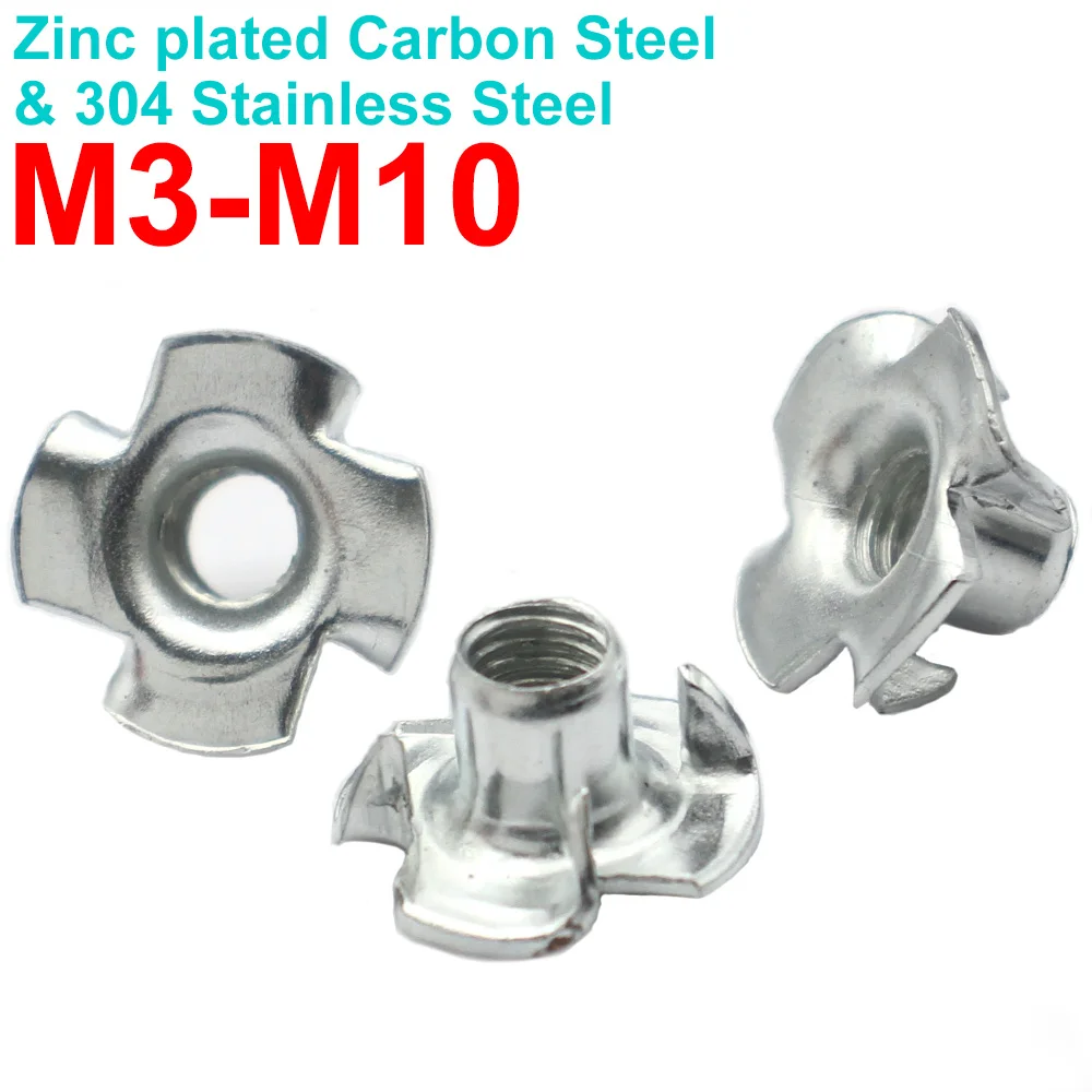 M3 M4 M5 M6 M8 M10 304 SS & Zinc Plated Steel Furniture T-Nut Speaker Wood Insert Nut Four Pronged Tee Nut Screw-in Fastener