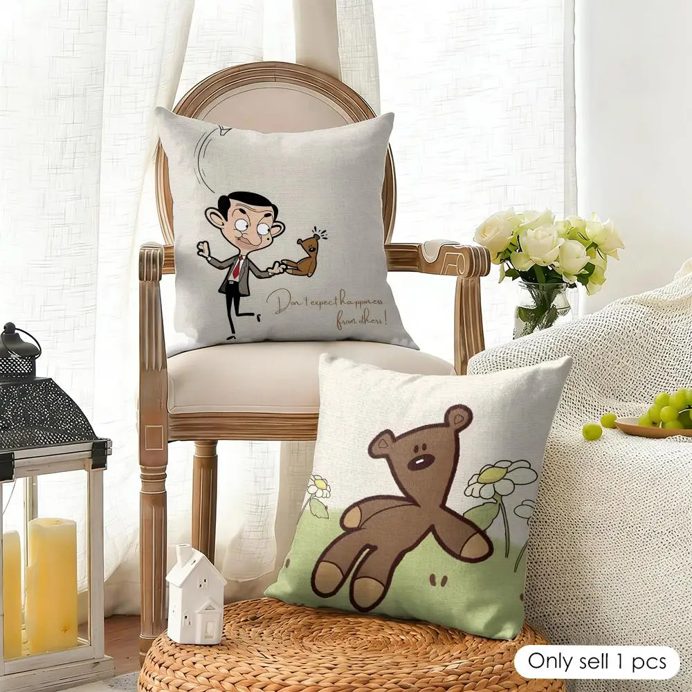 Mr.B-Bean Cartoon Cushion Cover Organic Linen Square Pillow Case Durable Non-Allergenic And Kind To Skin