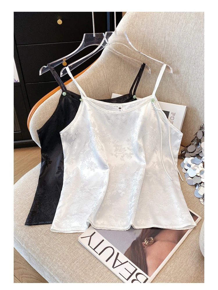 2025 sommer Neue Chinesische Stil Frauen Floral Jacquard Camis Tank Top Spaghetti Strap Elegante Fee Orientalischen Chic Vintage Bluse